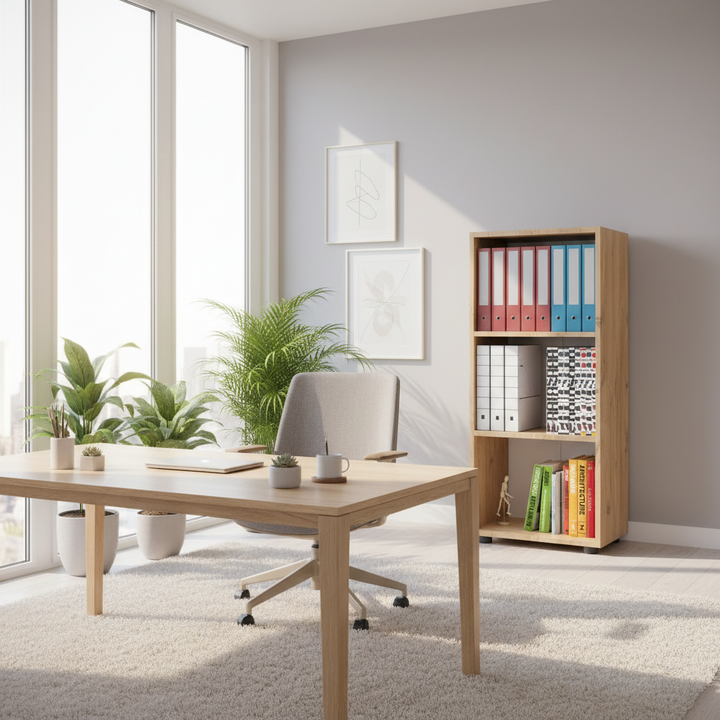 Kontorreol i naturfarve – 3 åbne rum, 2 hylder, 108 x 49 x 32 cm