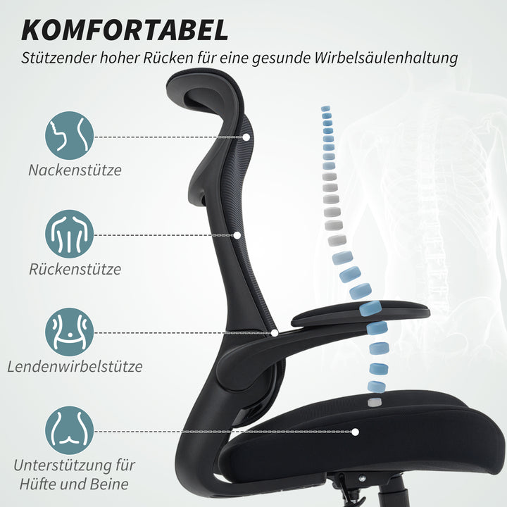 Ergonomisk kontorstol med 3D-armlæn, netryg, S-formet ryglæn, nakkestøtte, vippefunktion, sort