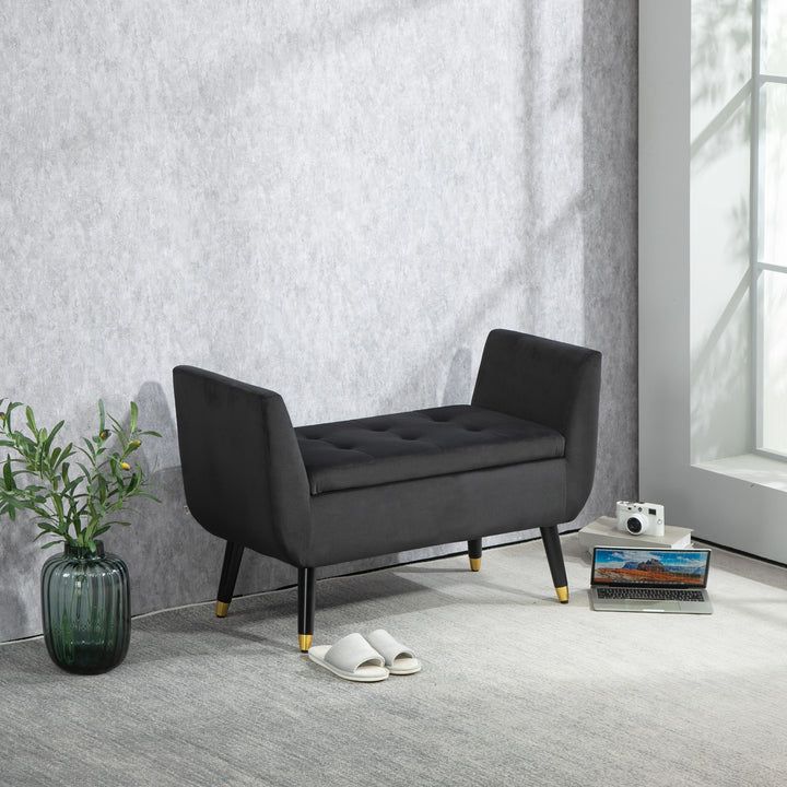 Opbevaringsbænk med armlæn, kommodebænk, fløjlspolyester, gummitræ, mørkegrå, 107 x 42 x 65 cm