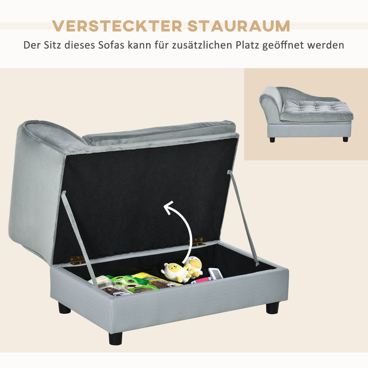 Kæledyrssofa med opbevaring, blød hynde, op til 15 kg belastningskapacitet, plysbetræk, hårdttræsstel, lysegrå