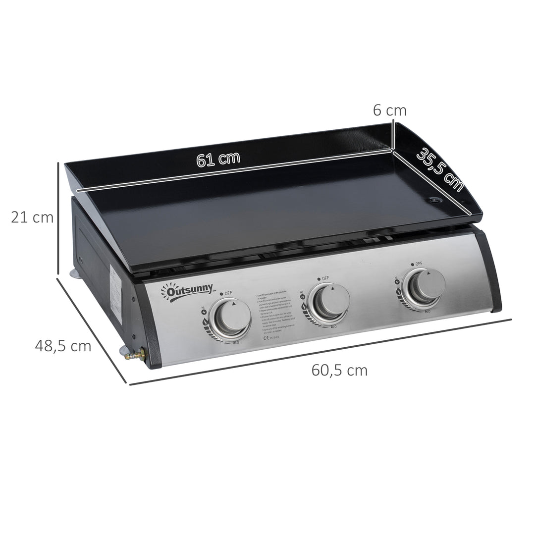 Gasgrill med 3 brændere, slange, non-stick grillplade, rustfrit stål, farve: sølv, 63 x 48 x 21 cm