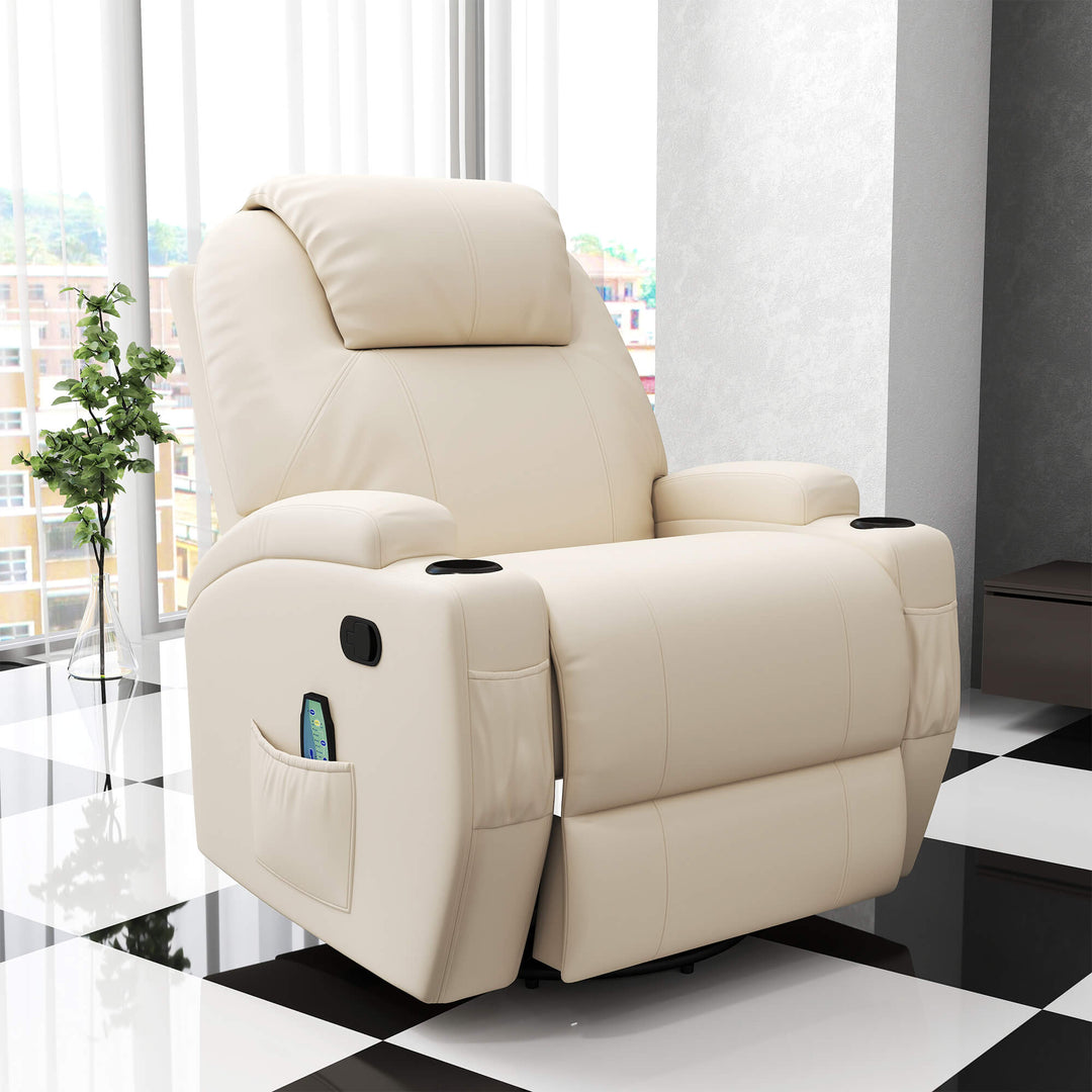 Massagestol elektrisk afslappende stool tv-stol massagefunktion 5 massagetilstande lænefunktion kunstlæder træ metal skum cremehvid 84 x 92 x 109 cm