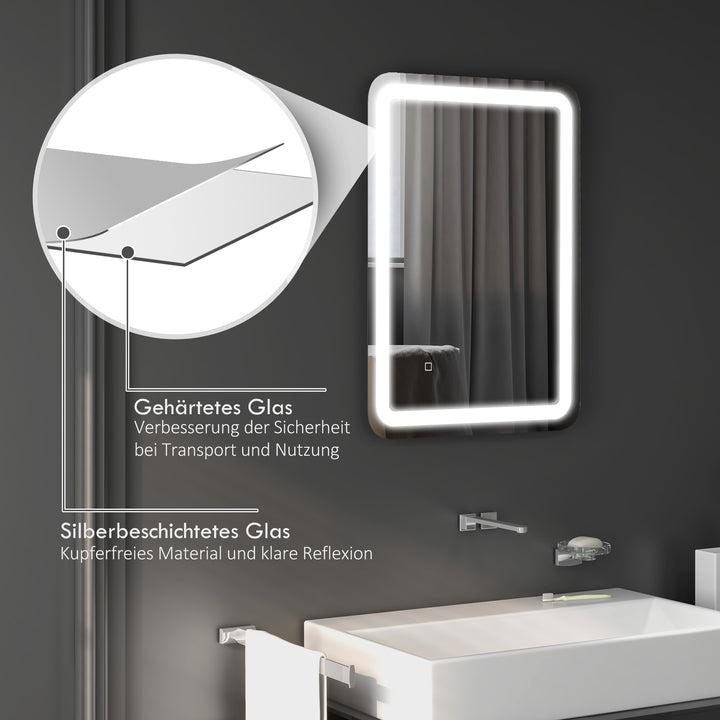 Badeværelsesspejl, oplyst, touch control, anti-dug, dæmpbar, 3 lysfarver, 50x70, sølv