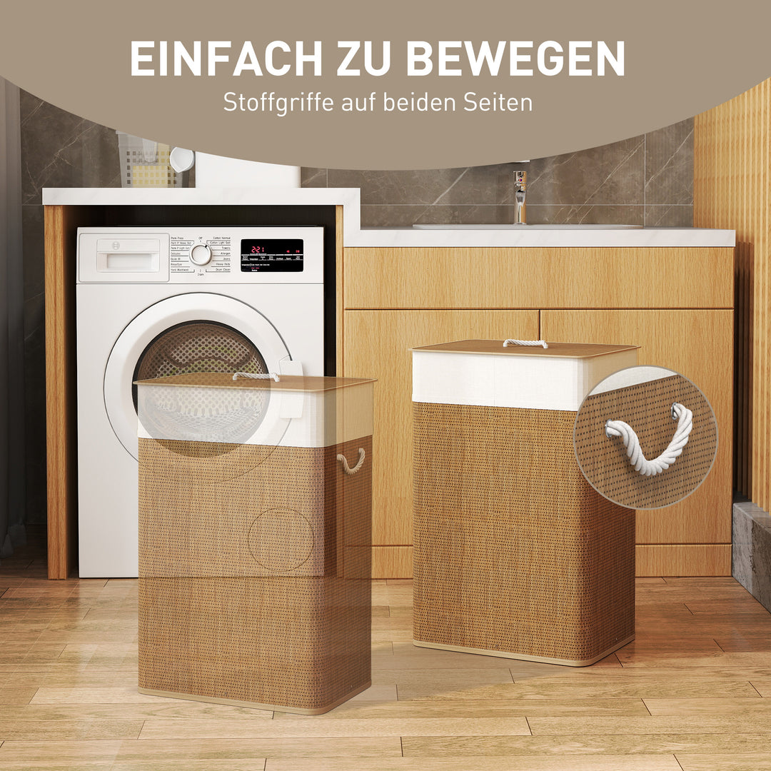 Bambus vasketøjskurv med låg 72 l vasketøjskurv med bambushåndtag, aftagelig vasketøjspose brun