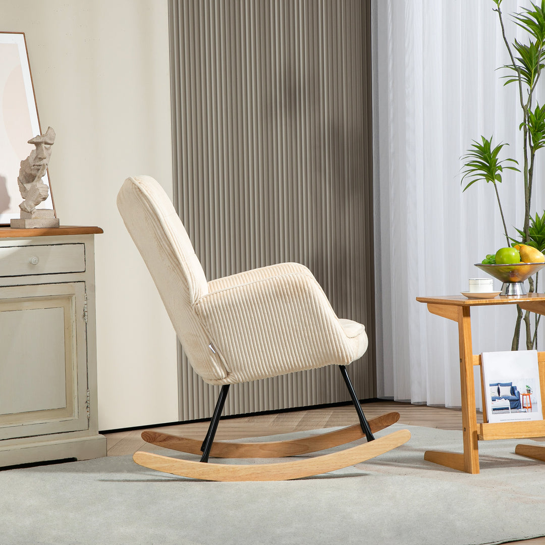 Vintage gyngestol, buede løbere, tykt polstring, bøgetræ og stål, beige