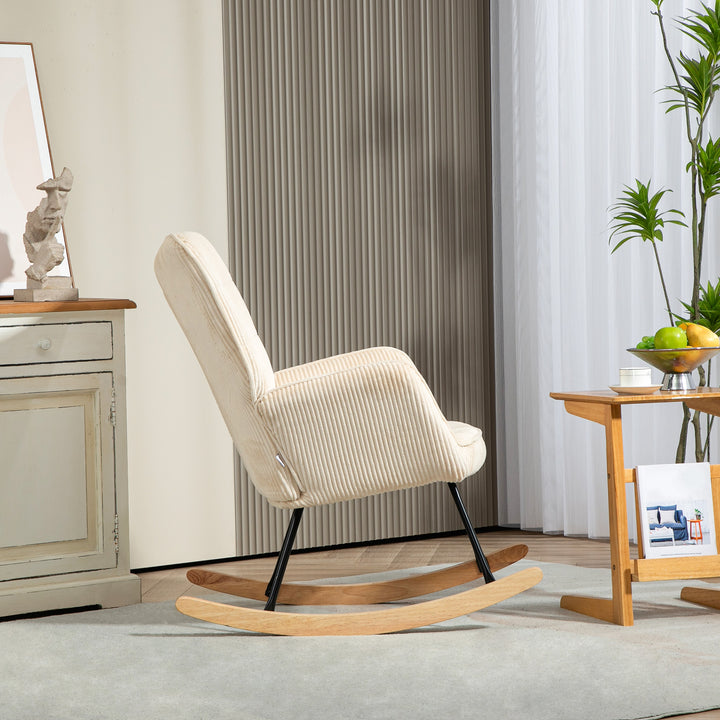 Vintage gyngestol, buede løbere, tykt polstring, bøgetræ og stål, beige