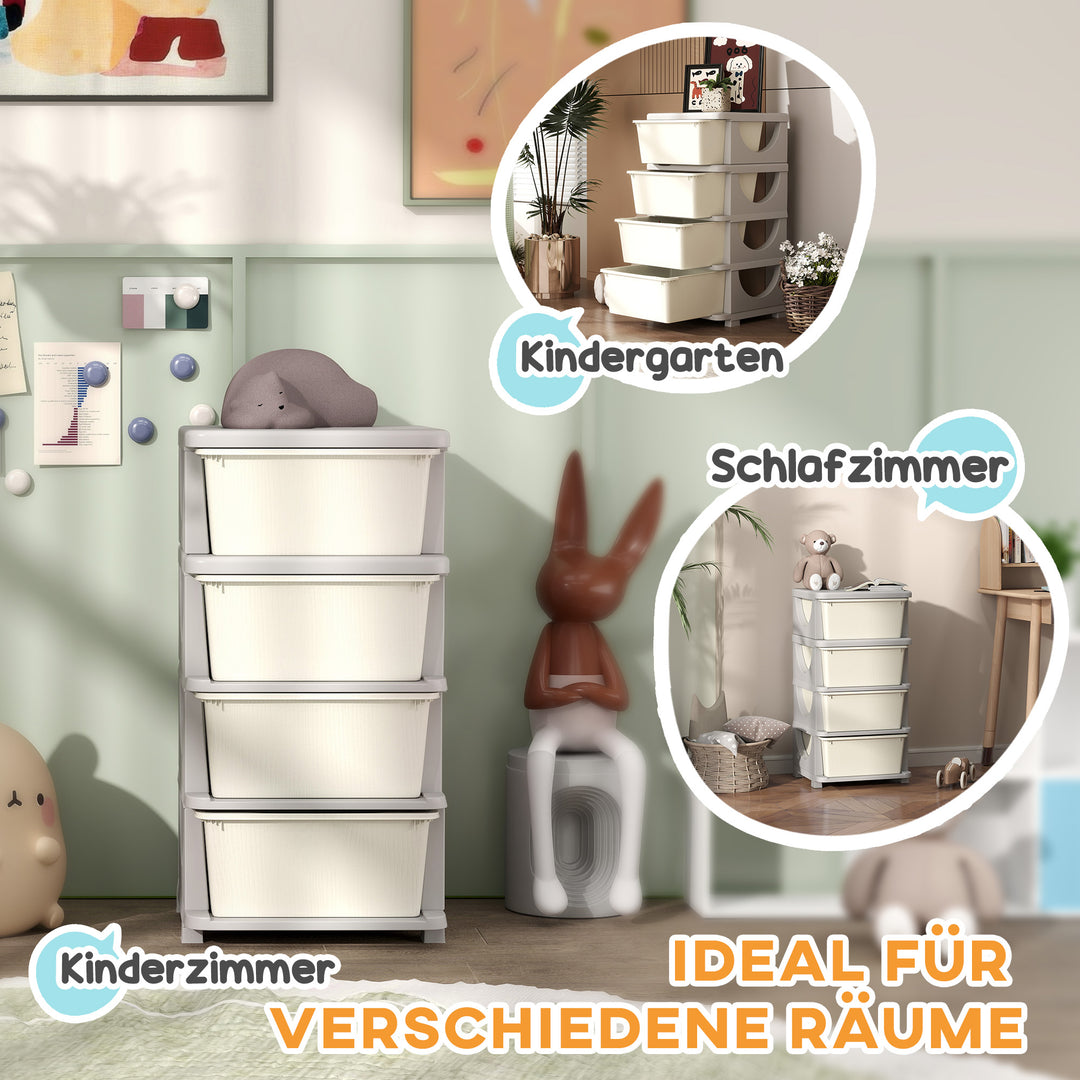 Opbevaringskasser til børn, 4 store skuffer, afrundede kanter, plastik, 37 x 37 x 76 cm, cremehvid