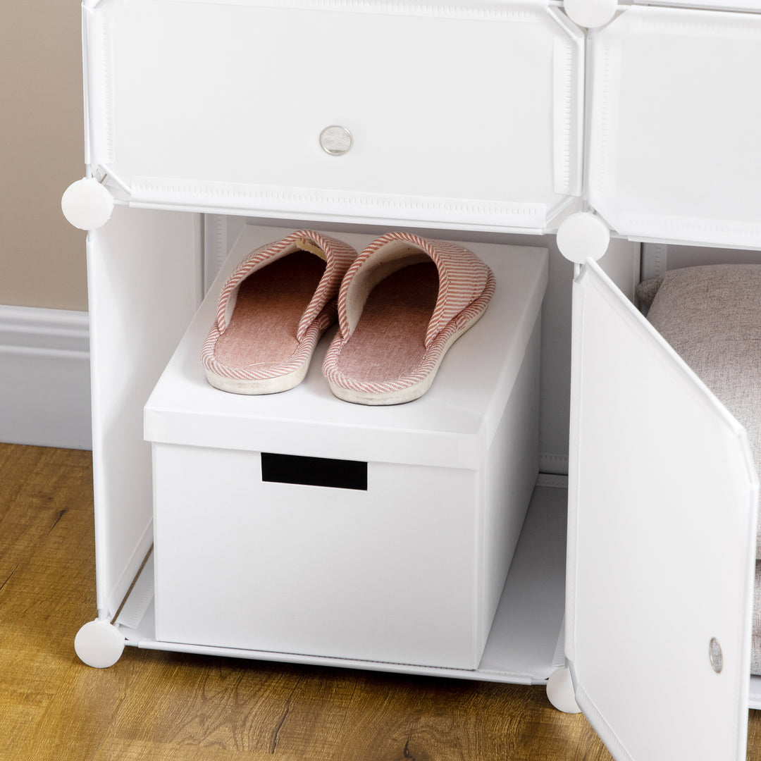 Skoskab, hylde med opbevaringsbokse, garderobe, plast, stål, hvid, 75 x 37 x 73 cm