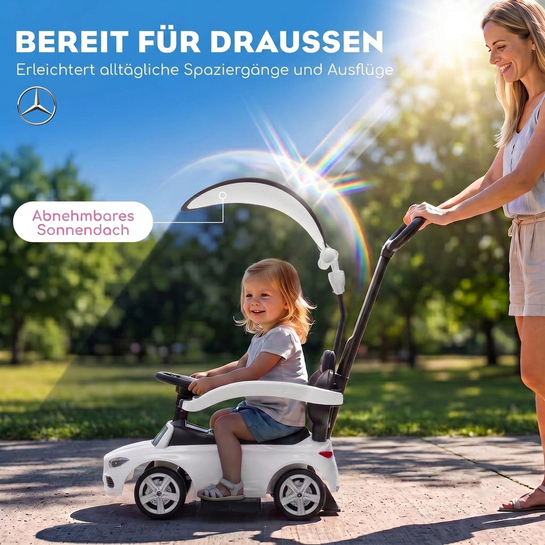 3-i-1 kørebil med skubbebøjle Mercedes-Benz hvid