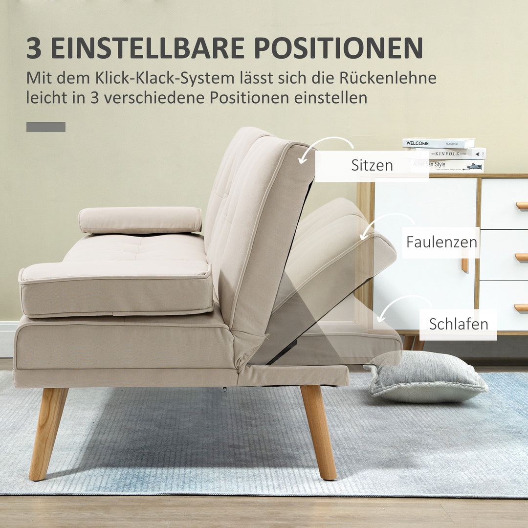 3-Personers sovesofa, ryglæn med justerbart lænestol og klapbord, to armlæn, linnedlook, beige, 181 x 77 x 78 cm