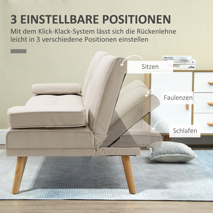 3-Personers sovesofa, ryglæn med justerbart lænestol og klapbord, to armlæn, linnedlook, beige, 181 x 77 x 78 cm