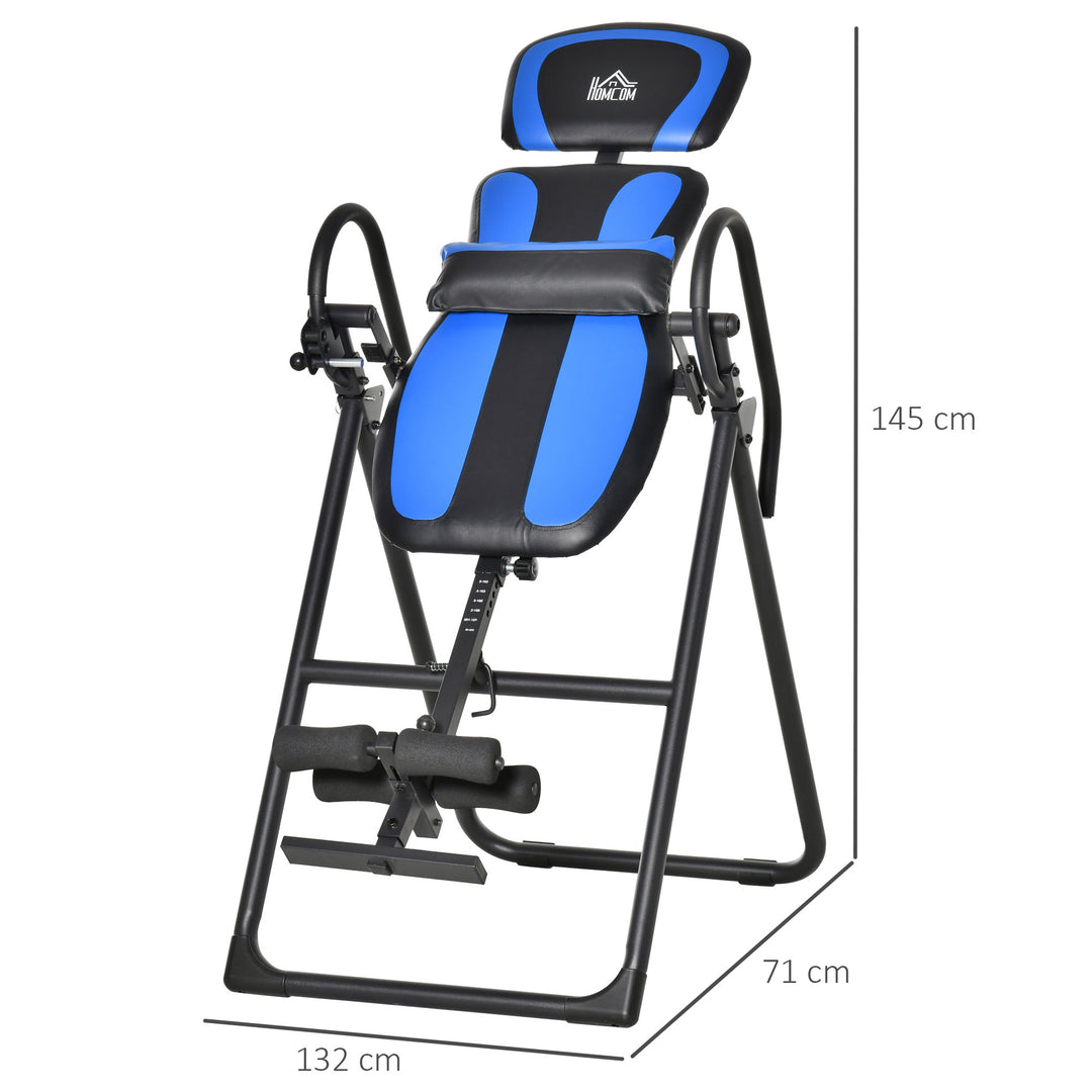 Inversion bench foldbar gravity trainer med to bevægelige hjul rygpude metal abs sort+blå 132 x 71 x 145 cm