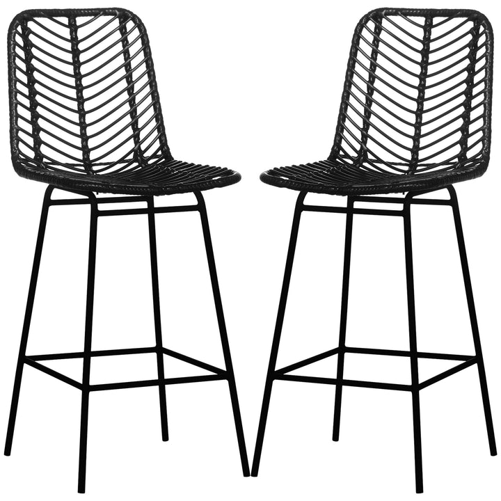 Barstole, sæt med 2, rattan look, fodstøtte, stålstel, skridsikker, op til 120 kg, 42,5 x 52 x 102 cm, sort