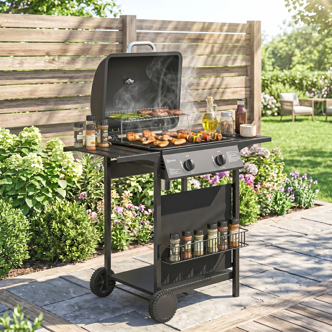 Gasgrill 5 KW 2 brændere BBQ grillvogn rustfrit stål inkl. sidebord, nederste kurv, frontlåg, termometer, emaljeret grillrist