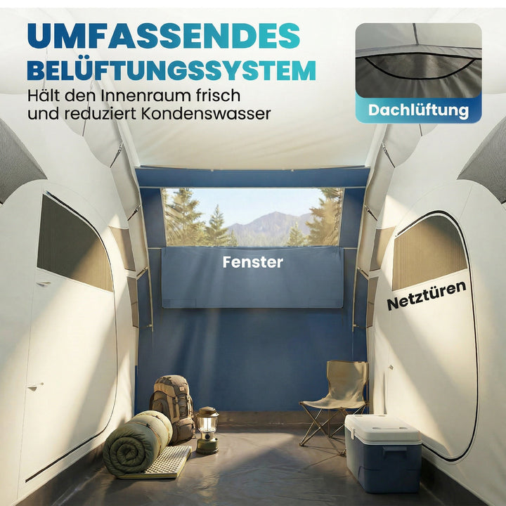 Oppusteligt 4-personers telt, hurtig opsætning, udendørs campingtelt med 2 soveværelser, netvinduer og markise