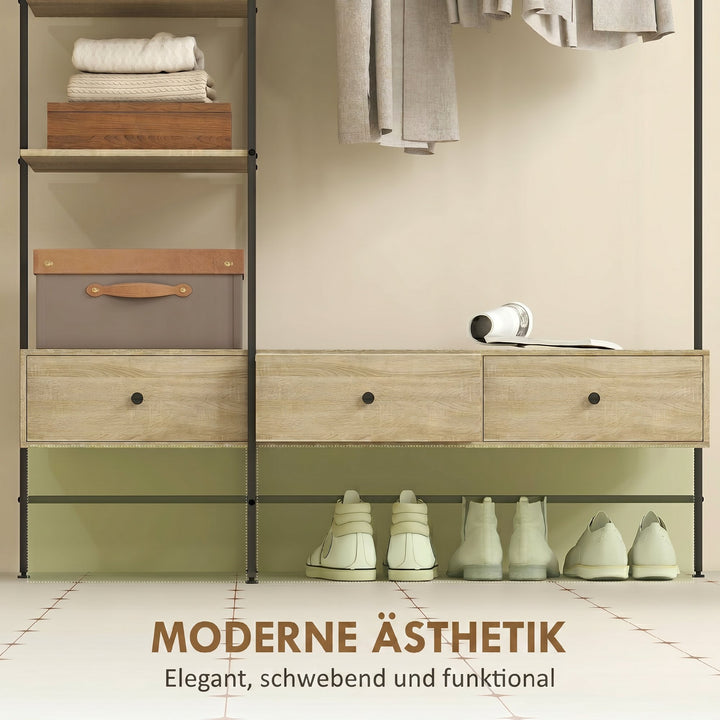 Knagerække med hylder, skuffer og garderobestang, 180 cm fritstående garderobestativ i moderne stil, metalramme, egetræ