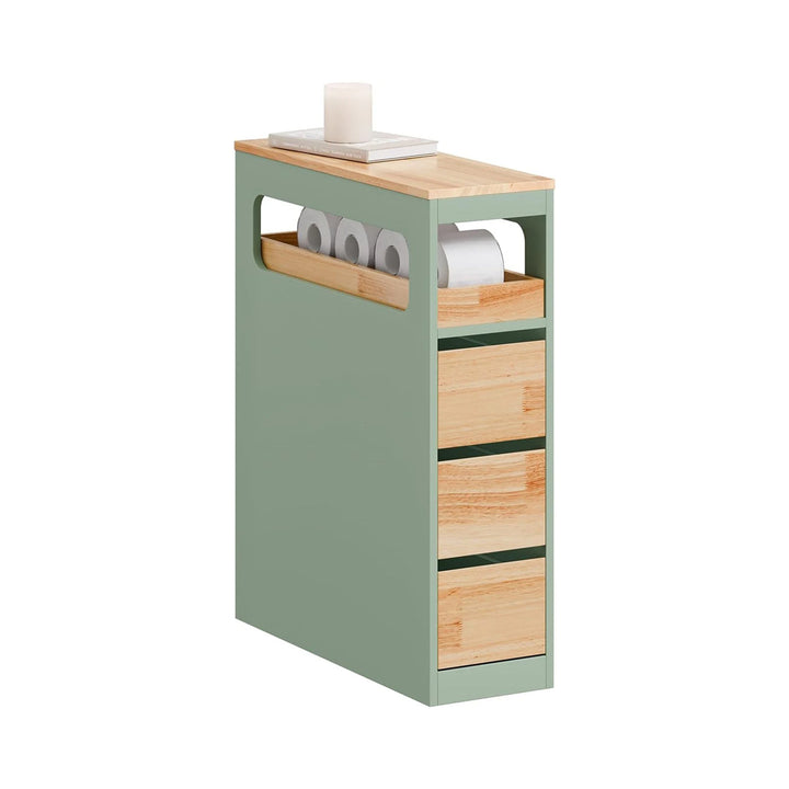 Smalt badeværelsesskab med 3 skuffer, pladsbesparende rullevogn på hjul, velegnet til badeværelse, toilet og køkkenopbevaring, 65x24x82 cm, grøn