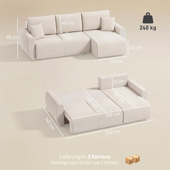 Sovesofa med vendbar chaiselong, L-formet 3-personers sofa med velourbetræk, cremehvid