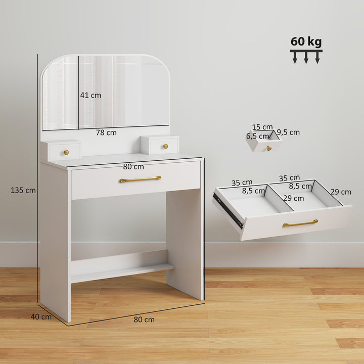 Toiletbord med spejl, kompakt toiletbord med 3 skuffer, hvid