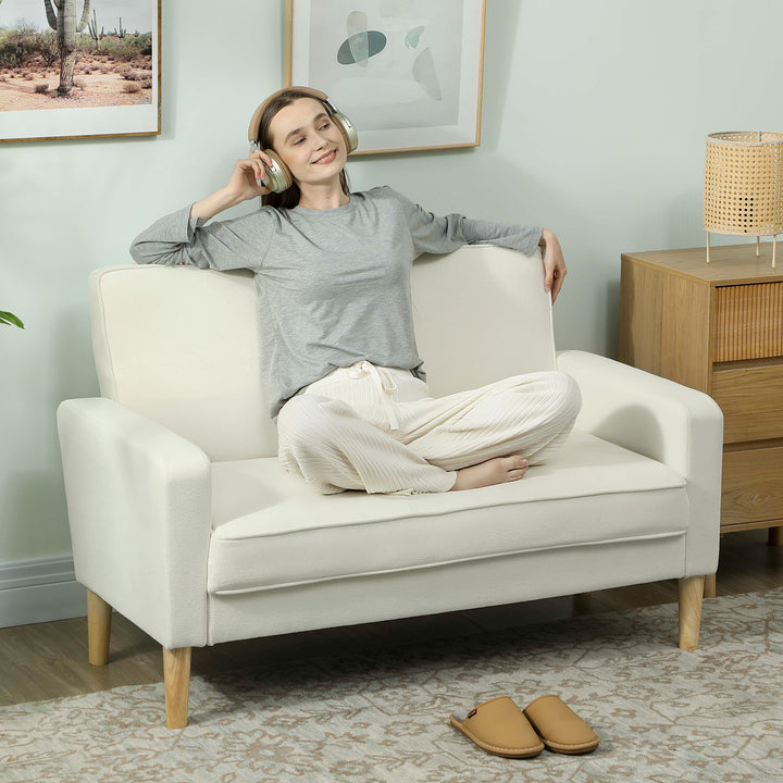 2-personers sofa, dobbeltsofa med gummiben i træ, polstret sofa til stue, soveværelse, cremehvid