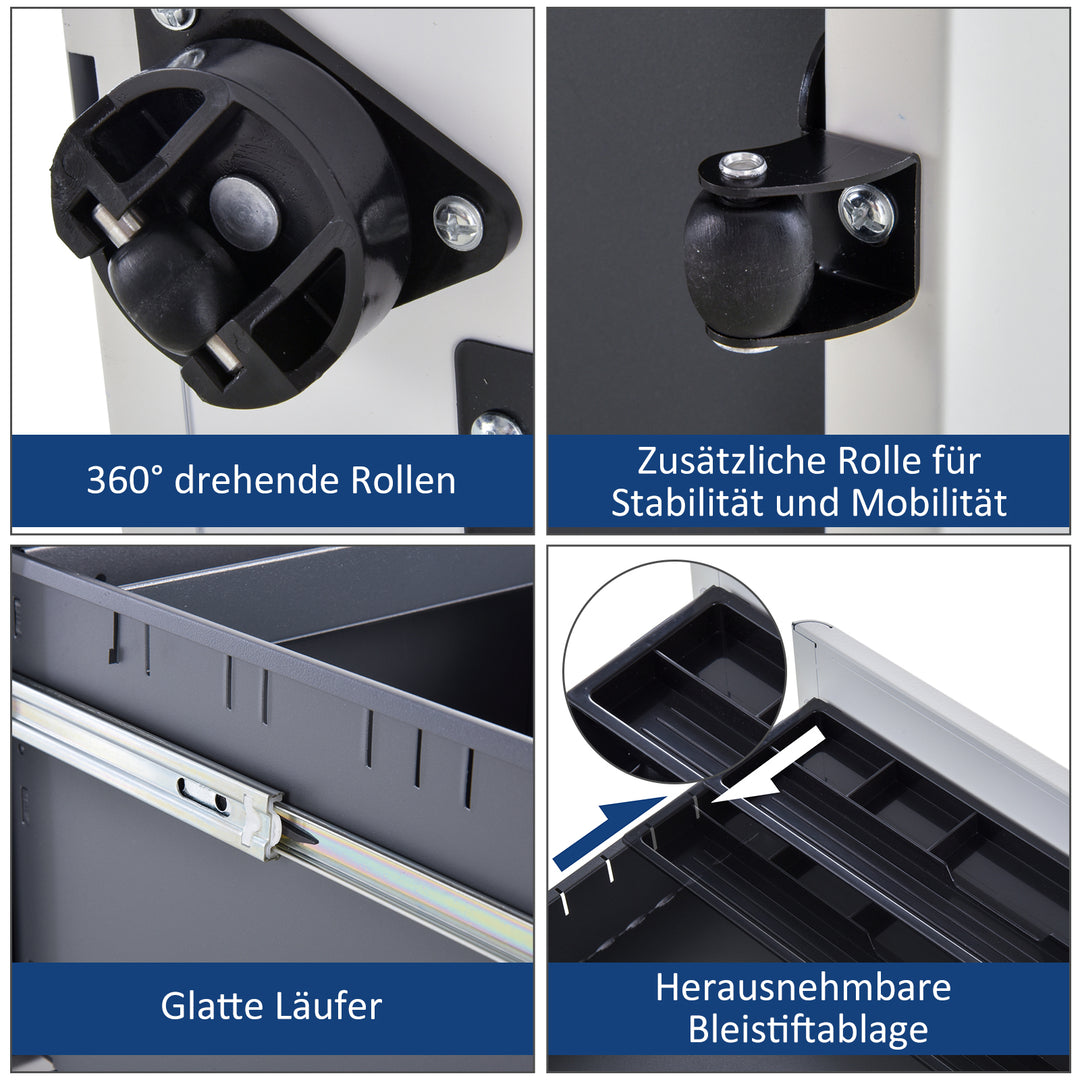 Rullecontainer, mobilt arkivskab med 3 skuffer, aflåseligt kontorskab med hængemapper, opbevaring, stål, 39 x 48 x 59 cm hvid
