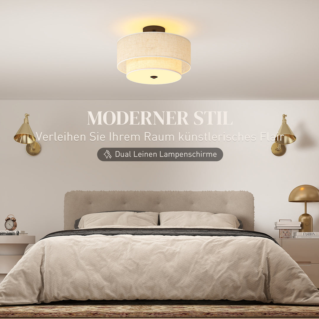 Loftlampe, pendel med dobbeltskærme i linned look, cremehvid