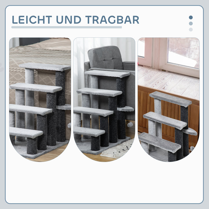 Kattetrappe 4-trins kæledyrstrappe med kradsetræer bold hundetrappe kæledyrstrappe til katte op til 5 kg plys jute grå 60 x 40 x 64 cm