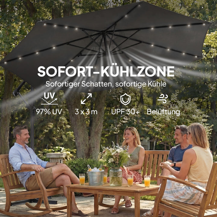 LED solcelledrevet parasol, ca. Ø300 cm, drejelig, med håndsving, beskyttelsesovertræk, mørkegrå