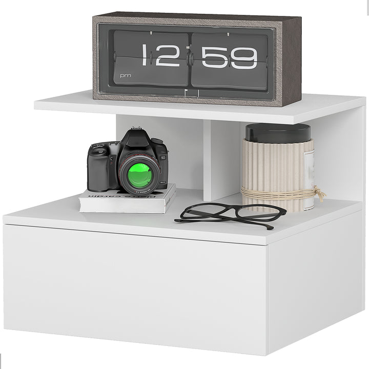 Ophængt natbord med skuffe og åbent rum, hvid, 40 x 35 x 32 cm