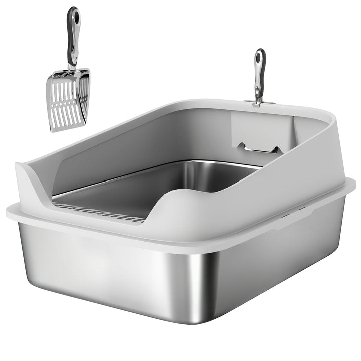 Åben kattebakke i rustfrit stål med ske, høje sider, til store katte op til 12 kg, 69,8 x 50,3 x 29,8 cm, grå