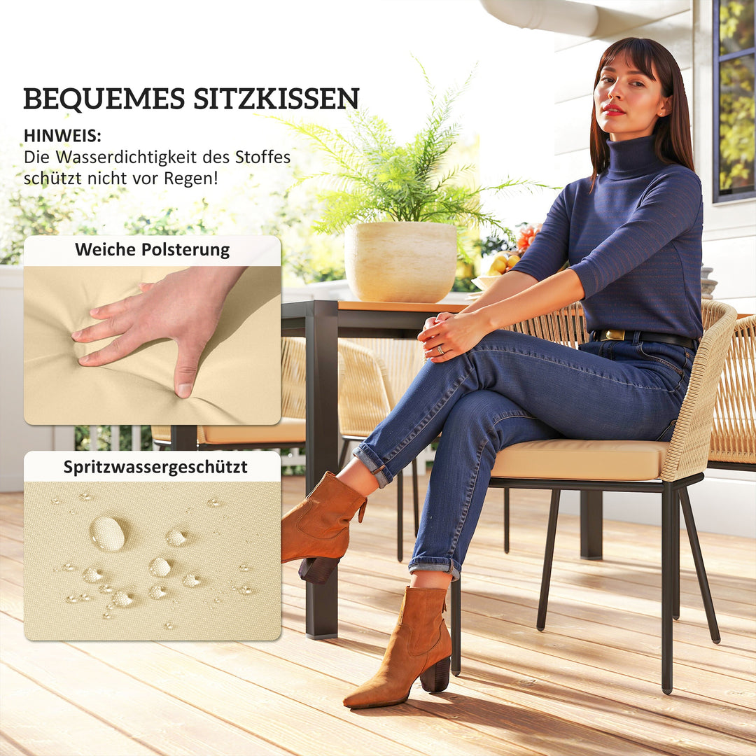 Havemøbelsæt med 5 dele, 4 stole, 1 bord, syntetisk rattan, stålstel, vaskbare hynder, til terrassen, khaki