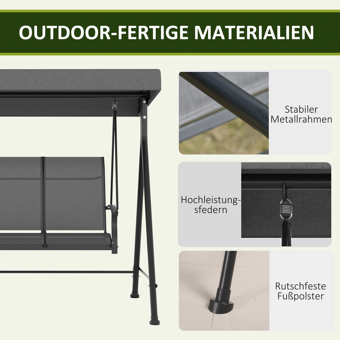 3-personers Hollywood gyngestol, justerbar solsejl, op til 240 kg, mørkegrå, 200 x 133 x 176 cm