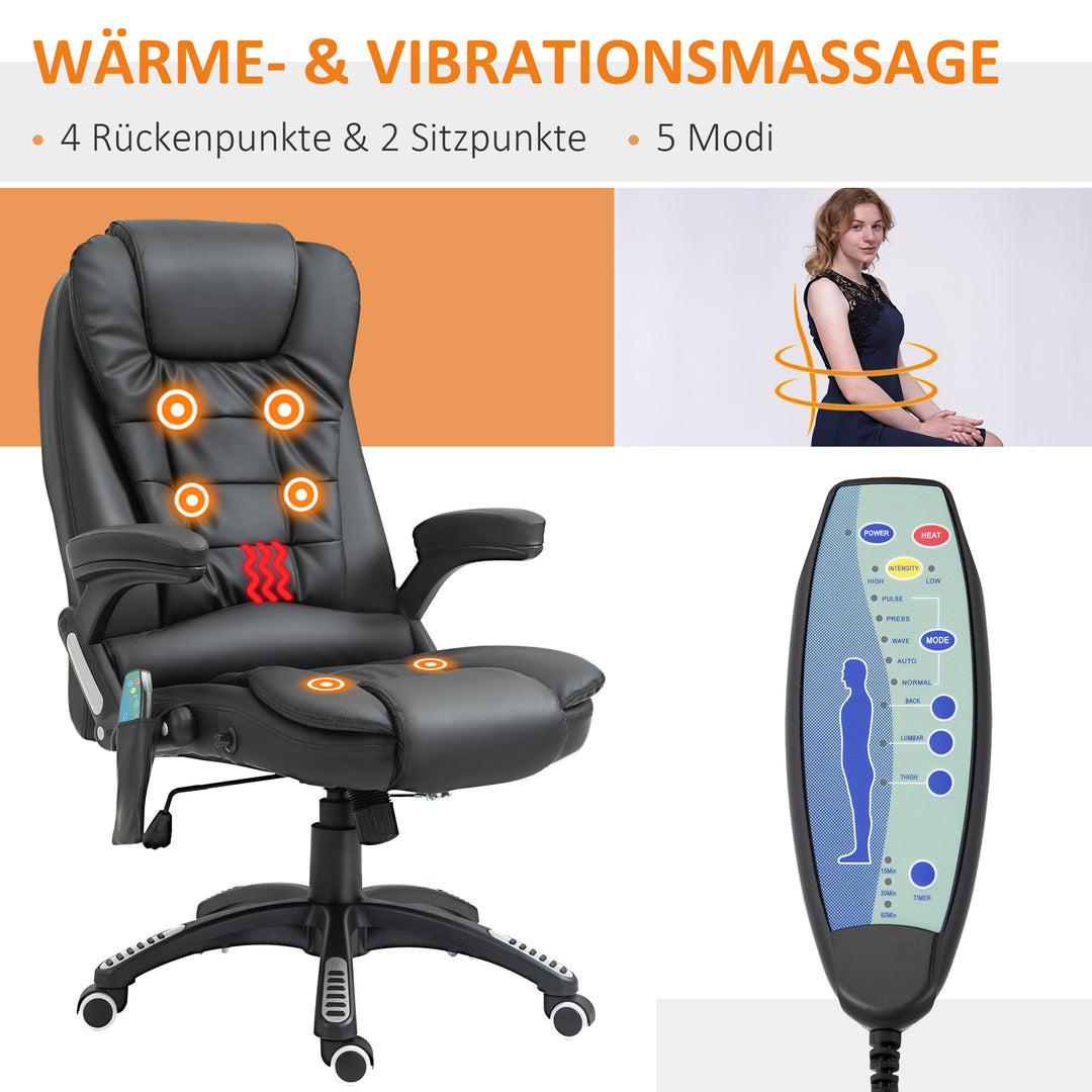 Massage kontorstol, executive chair med 6-punkts vibrationsmassage og varmefunktion, drejelig gamingstol, kunstlæder, 70 x 70 x 111-121 cm, sort