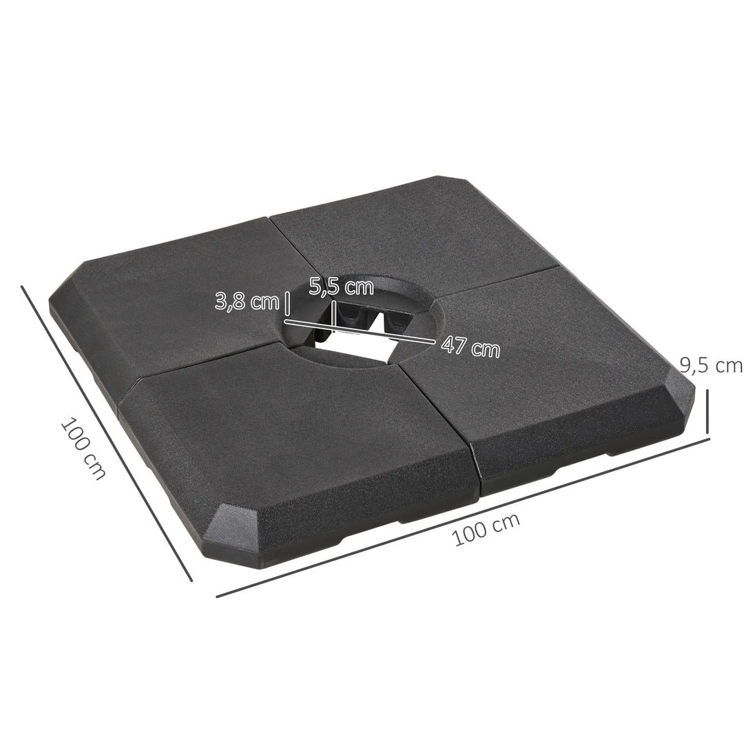 Parasolfod, 4-delt parasolstativ, kan fyldes med 80 kg vand eller 120 kg sand, HDPE, sort, 100 x 100 x 9,5 cm