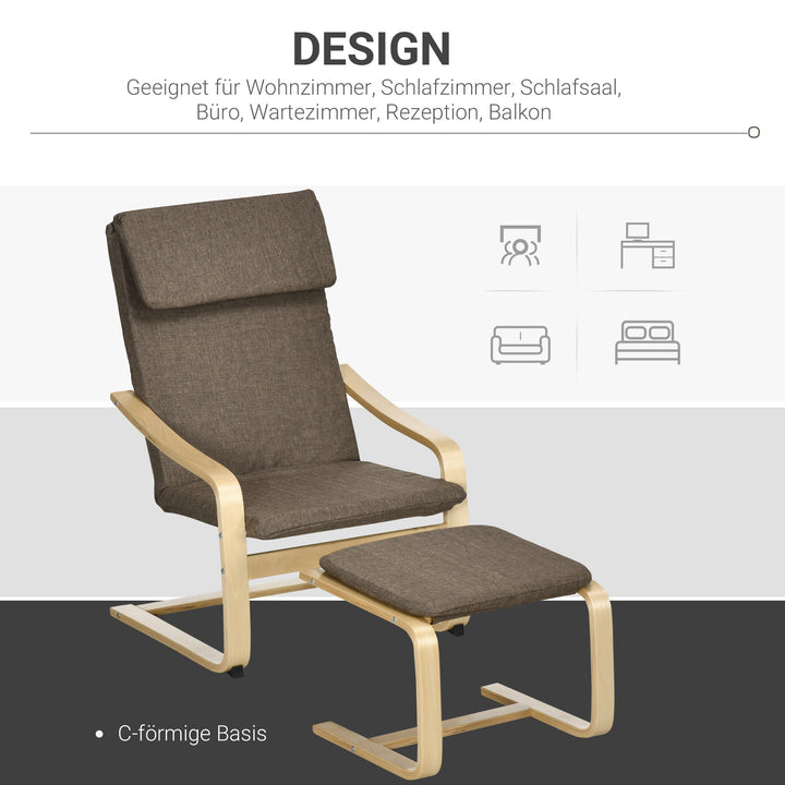 Lænestol med fodskammel, lænestolsæt, hørlook, massivt træ, brun + natur