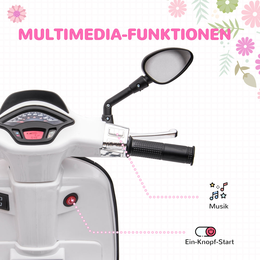 Elektrisk børnemotorcykel, vespa, 3 km/t, 3-6 år, musik, lys og radio, hvid