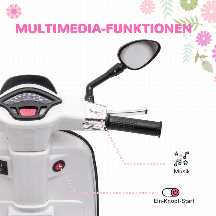Elektrisk børnemotorcykel, vespa, 3 km/t, 3-6 år, musik, lys og radio, hvid