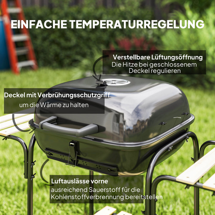 Kulgrill af stål, grillvogn med aflåseligt låg, grillrist, hjul, håndtag, træhylde, 98 x 54 x 91 cm, sort