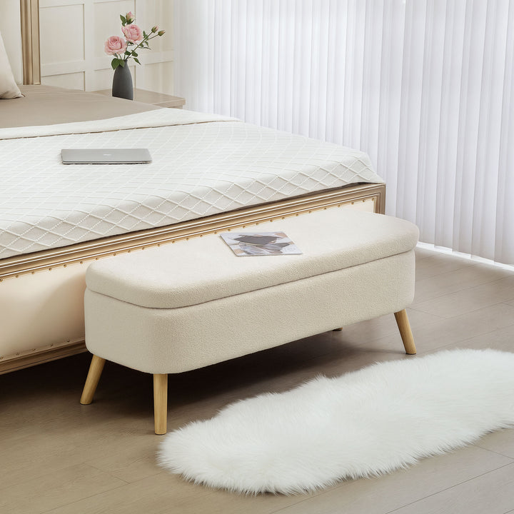 Opbevaringsbænk, bænk med 65 L opbevaringsplads, teddy fleecestof, gummitræ, 120 x 42 x 45 cm, beige