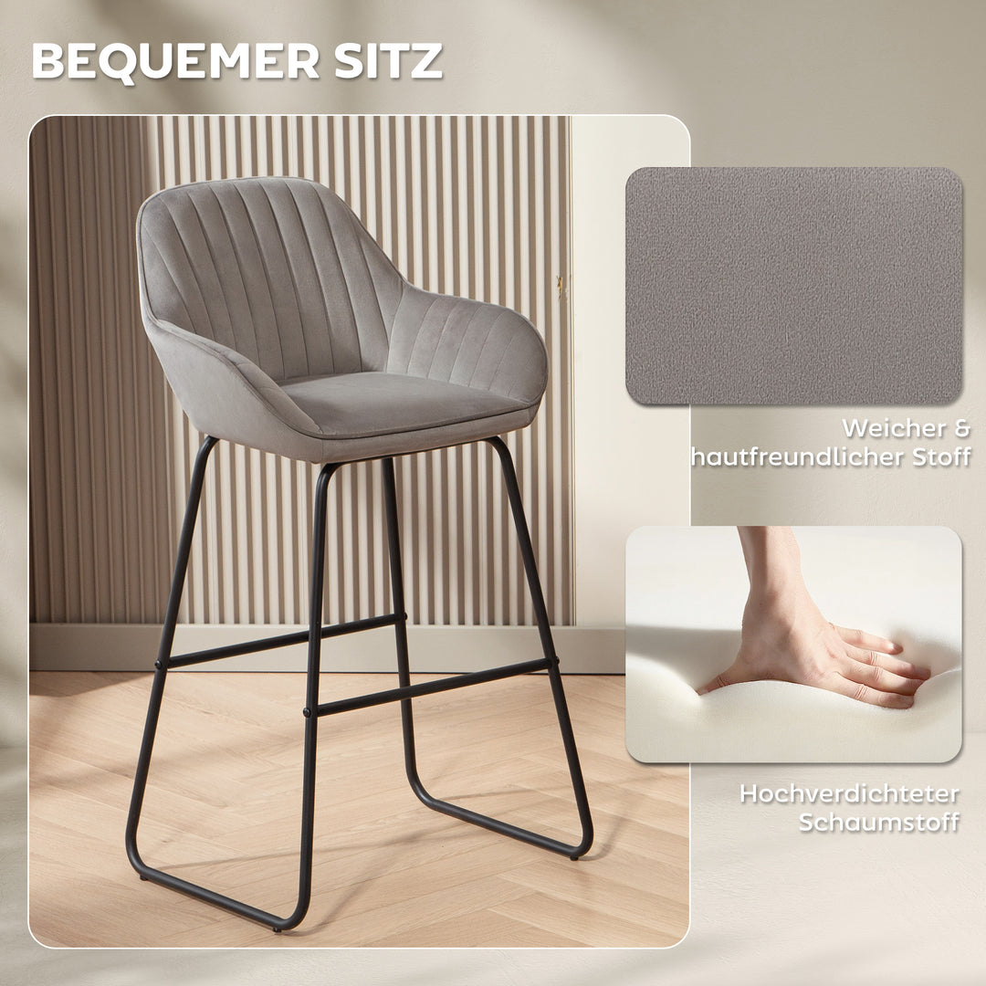 Sæt med 2 barstole, barstole med stofbetræk og skumpolstring, polstret skammel med metalben, grå