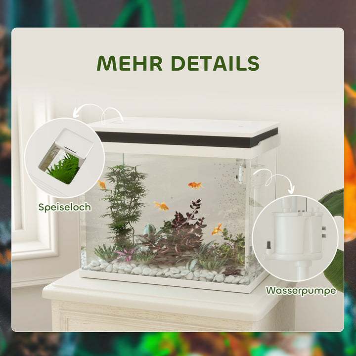 41-liters glasakvarium med filtersystem, LED-lys, vandpumpe, til forskellige fiskearter, hvid