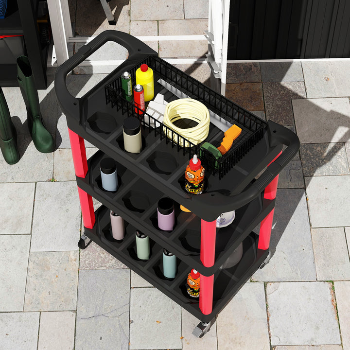 3-lags værktøjsvogn med sidehåndtag og hjul, plastik, rød