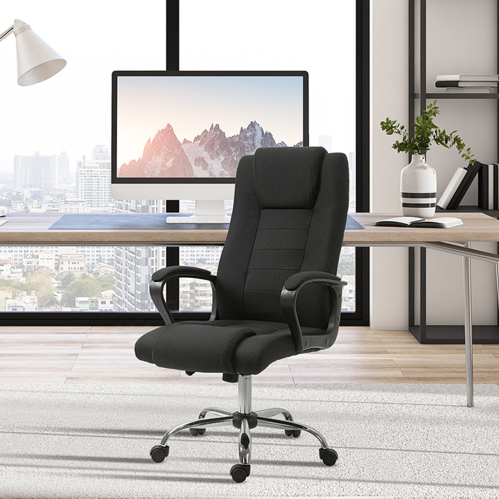 Kontorstol, computerstol med vippefunktion, nakkestøtte, ergonomisk skrivebordsstol, drejelig, højdejusterbar, sort linned-touch, 62 x 76 x 110-119 cm