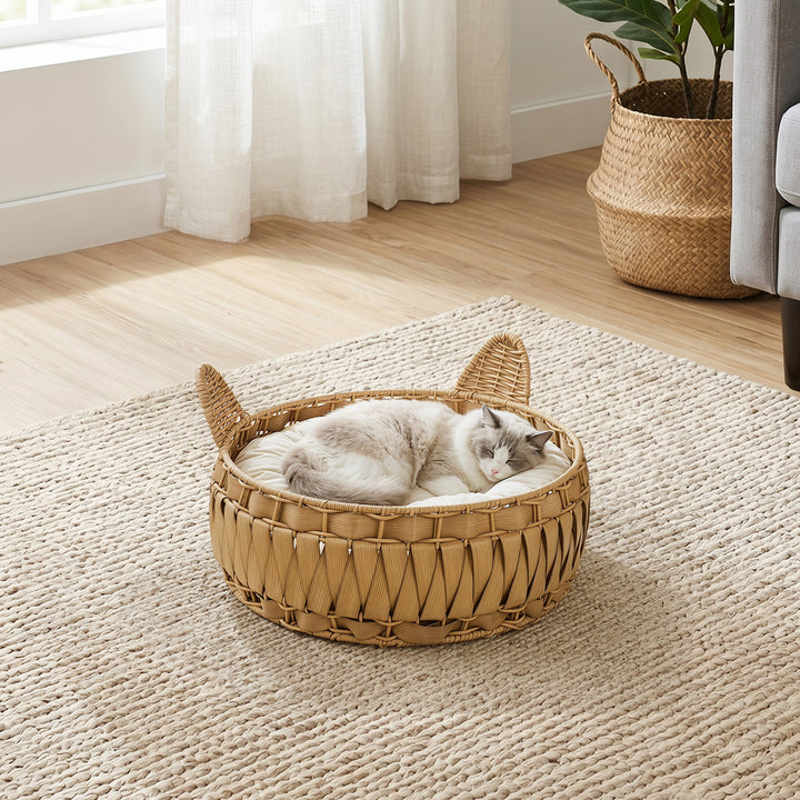 Rattan katteseng, kattehule med aftagelig hynde, kattekurv til katte op til 10 kg, 50 x 50 x 25 cm, lysebrun