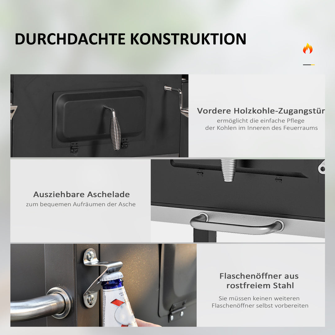 Kulgrillrøger bbq-røger, 1 hylde, 1 håndklædetørrer, 2 grillriste, 113 cm x 65 cm x 108 cm, sort