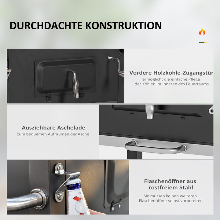 Kulgrillrøger bbq-røger, 1 hylde, 1 håndklædetørrer, 2 grillriste, 113 cm x 65 cm x 108 cm, sort