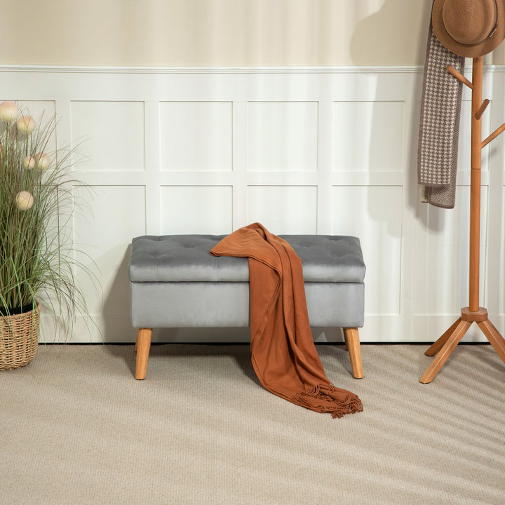 Polstret bænk med opbevaring, betræk af fløjlsstof, træben, til stue, soveværelse, entré, 80 x 35 x 40 cm, grå