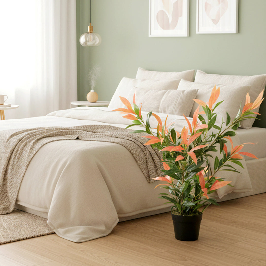 Kunstig Photinia 90 cm kunstig plante med 300 blade, justerbare grene, 45 x 45 x 90 cm, rød+grøn