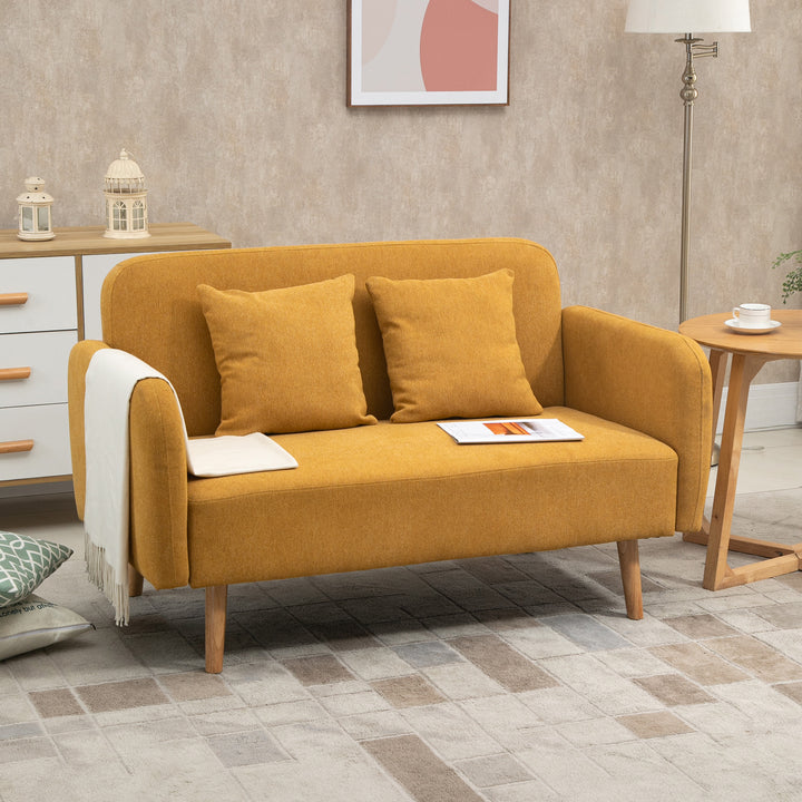 2-personers sofa med 2 puder, lille loveseat med fløjlstop, moderne polstret sofa til stue, soveværelse, lille værelse, gul, 130 x 70 x 80 cm