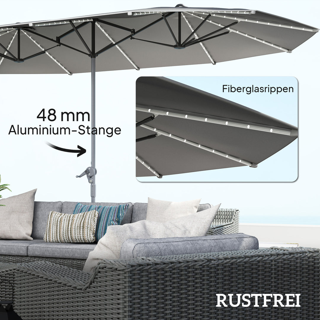 Dobbeltparasol med solcellelys, aluminium, polyester, upf 50+ beskyttelse, uv-resistent, terrasseparasol, mørkegrå